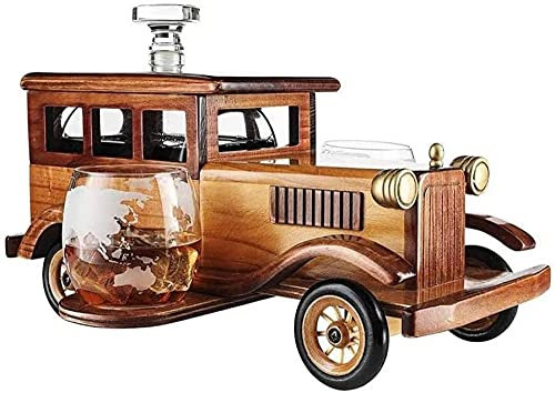 BERTY·PUYI Juego De Decantador De Whisky De Regalo De 1000 Ml con 2 Vasos De Cristal De Piedras De Whisky Y Soporte De Coche Antiguo A La Moda - Juego De Whisky De Botella De Vidrio para Hombres