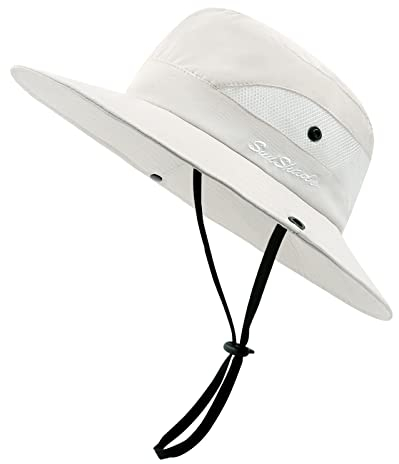 SEYUFN Damen Sonnenhut Outdoor Sommer Wanderhut Damen UV-Schutz Bucket Cap Faltbar Mesh Pferdeschwanz Breite Krempe Zum Safari Angeln (A-Pures Beige)