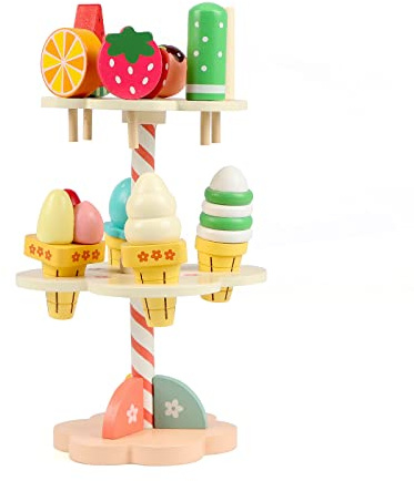 KABENFIS 11-teiliges Eiscreme-Set aus Holz Rollenspiel-Spielzeug für Kinder