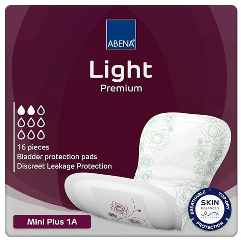 Abena Lot de 16 serviettes hygiéniques pour incontinence légères et éco-étiquetées pour femmes adultes, respirantes et confortables avec absorption et protection rapides, mini Plus 1A, 200 ml