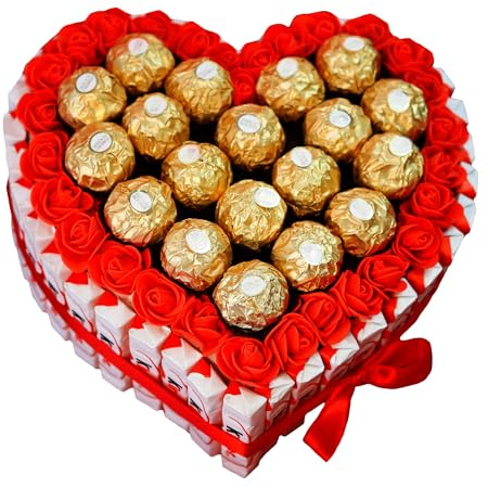Onza Corazón San Valentín de Chocolates y Bombones para regalar - Regalo original para Mujer, Hombre - Regalos originales para parejas - Chocolate Kinder Bueno, Ferrero Rocher - Flores decorativas