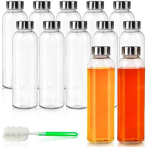 GUANENA 12 Pack Glass Water Bottles, 16oz Clear Glass Bottles with Stainless Steel Lids, Reusable Glass Drink Bottles with Caps for Juicing, Smoothies, Tea, Water, Beverages