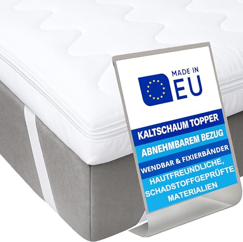 Pillows24 - Topper 120x200cm aus Kaltschaum - 6cm hoch - Matratzentopper mit abnehmbarem Bezug | Wendbar & Fixierbänder | Made in EU - Matratzenauflage | Matratzen Topper für jedes Bett