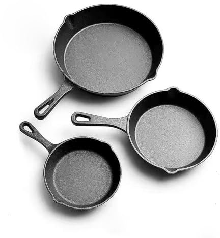 SH-RuiDu Juego de 3 sartenes de hierro fundido, antiadherentes, juego de sartenes de hierro pre-sazonado para freír, cocinar, asar a la parrilla, hornear (16 cm, 20 cm, 26 cm)