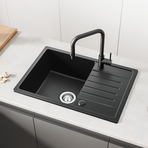 CECIPA Spülbecken Schwarz 65 x 45 cm, Küchenspüle aus Granit, Waschbecken Küche Mit Reversibler Installation, Einbauspüle Mit Siphon Ab- und Überlaufgarnitur