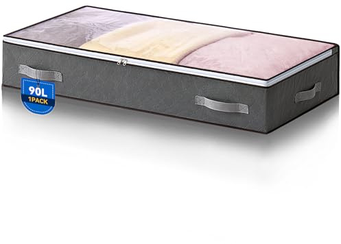 Boic 1 Stück 90L Unterbettkommode, Unterbett Aufbewahrungsbox mit deckel, Faltbare Kleidung Aufbewahrung Aufbewahrungstasche für Bettdecken Kleidung Unterbett Kleiderschrank, Grau