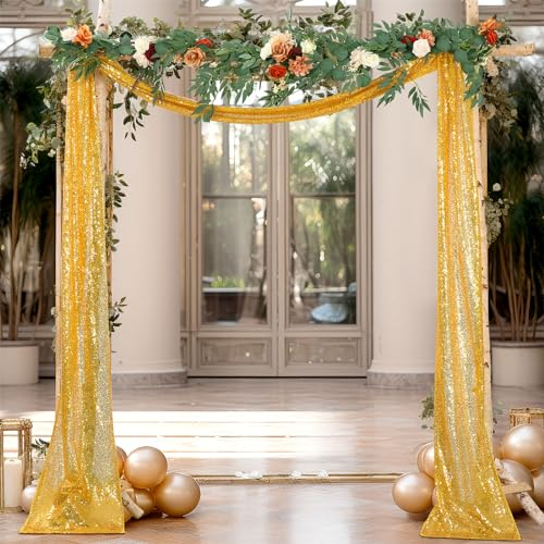 FANSU Vorhang Hochzeitsbogen, Paillette Design Querbehang Freihanddeko Chiffon Tüll Stoff Deko Vorhang Hochzeit Querbehang Deko Gardinen für Babyparty Geburtstag (30x550cm/1x18ft,Gelb)