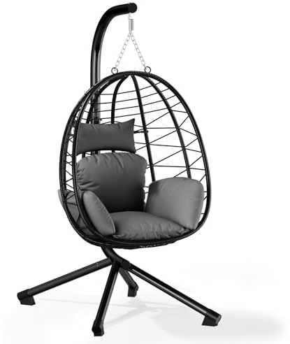 HOMELUX Hängesessel mit Gestell, Hängematte, Hängeschaukel, Hängestuhl mit Kissen, Schaukel Outdoor&Indoor,Polyrattan Korbhängesessel- bis 130 kg (Grau)