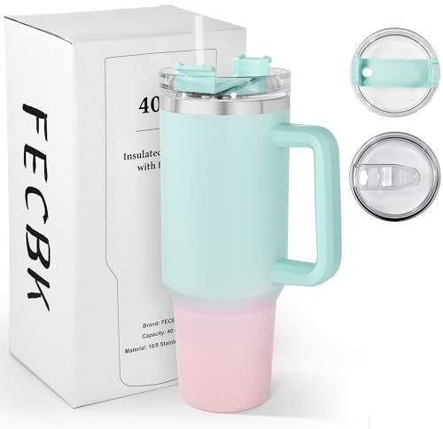 FECBK Mug Isotherme avec Paille et Poignée 1.2L, Tasse Isotherme 100% Anti-fuite, 34 Heures Froid, 12 Heures Chaud, Gobelet en Acier Inoxydable, Lavable au Lave-Vaisselle, Bubble Gum