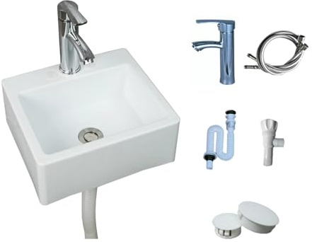 TYTFTDLD Weißes Kunststoff gebogenes quadratisches Waschbecken mit vier Ecken Badezimmer Waschbecken mit wandhängendem einschließlich Legierungshahn und Wasserrohr 33.5 * 29 * 13cm[Gerade]