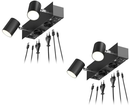 ledscom.de 2x Wandleuchte WAIKA, 2-flammig, Schalter, schwarz, 2 Steckdosen, USB-C, USB-A, 2x GU10 max. 15W