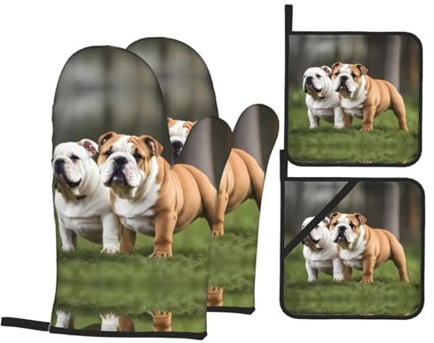 WZYWHJ Ofenhandschuhe und Topflappen, vierteiliges Set, Ofenhandschuhe, Topflappen und Ofenhandschuhe für Küche, Backen, Kochen, Grillen, Englische Bulldoggen bedruckt