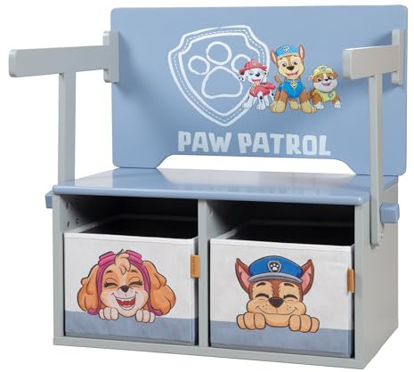 roba Panca Pieghevole Paw Patrol + 2 Scatole di Stoccaggio Reversibili - Trasformabile in Tavolo per Bambini - Adatto da 18 Mesi - Legno Grigio/Blu