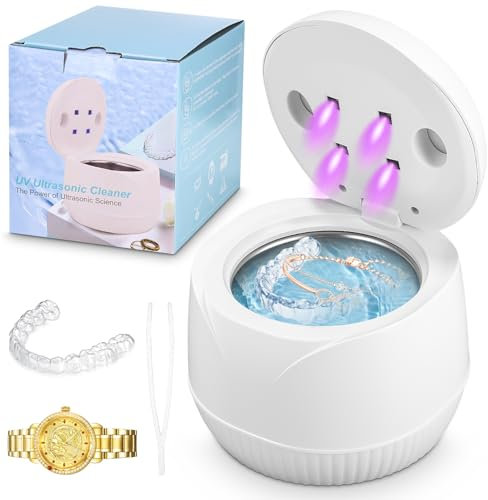 Nettoyeur Ultrasons 48000Hz,200ML Bac Ultrasons en Acier Inox, Ultrasonic Cleaner Portable avec Lampe UV pour Prothèses Dentaires,Gouttière Dentaire, Retainer,Bijoux