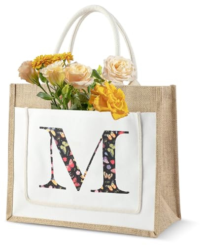 Dzmuero Jutebeutel Personalisiert, Einkaufstasche, Jutebeutel Bedruckt mit Buchstaben, Wiederverwendbare, Tragetaschen für Brautjungfern, Stofftasche für Personalisierte Geschenke Frauen