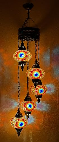 Samarkand - Lights Deckenlampe Orientalische Mosaiklampe Mosaik Glas Innenleuchte Pendelleuchte Deckenleuchte Hängeleuchte Hängelampe 5 Lichter Glasgröße 3 / L/Orange - Blau Stern