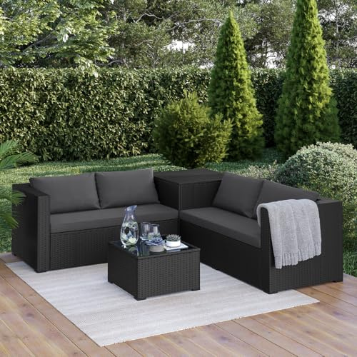 STEELSØN Veloria Rattan Gartenmöbel Set 4-TLG, Schwarz/Anthrazit 4 Personen | Gartenlounge mit Sofas, Tisch & Box, Outdoor Sitzgruppe, Sitzgarnitur Garten/Balkon/Terrasse, mit Stauraum, Terrassenmöbel