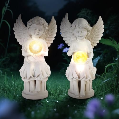 Chostky 2 Pcs Outdoor Solar Angel Figurine Decoration, Angel Statue Garden Decor, Waterproof Sculpture with Warm Light for Patio Yard Outside Home Cemetery, Valentines Birthday Gifts for Mom Women