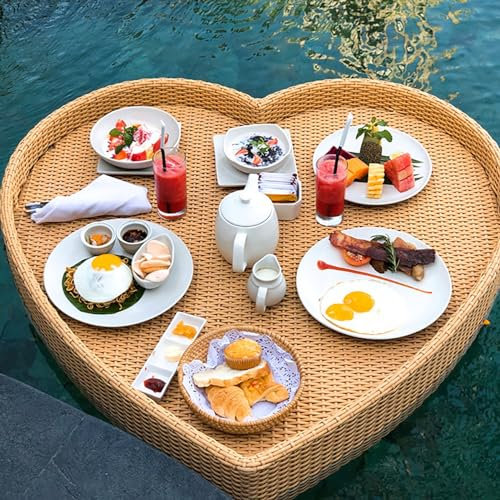 RUHEN Drink Floaties Tray Creative Heart-Shaped Multifunction Breakfast Tray on The Water Rattan Woven Hot Tub Side Table for Drinks,Snacks,and Essentials