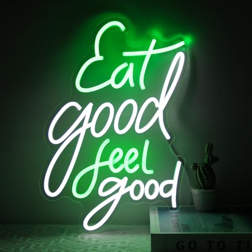 Eat Good Feel Good Neon Schild Grün Weiß Buchstaben LED Neonlicht Lebensmittel Neon Leuchtreklame Wanddekoration Gesundheit LED Zeichen Dimmabel Leuchtschild für Restaurant Küche Party Deko