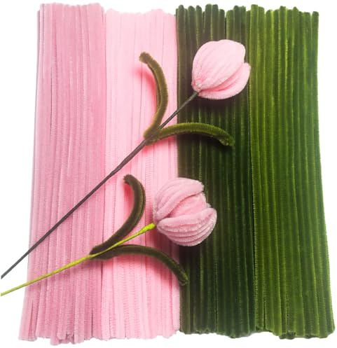 FANGZIDM 200PCS Craft Pipe Cleaners Green Pink High Density 300x6mm for Creative DIY Decorations