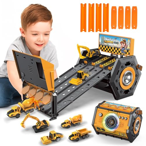 Charmofun Mini Autorennbahn für Kinder mit Licht & Musik, Auto Rennbahn für Kinder mit 4 Spuren, 4 Autos, Tragbare Autorennbahn Spielzeug Geschenk für Jungen ab 5+ Jahren (Gelb)