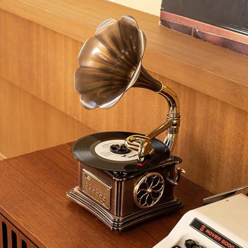 Mini Vintage Record Wlating, Vinyl Gramophone Turntable avec Copper Horn Nostalgic, USB, AUX, FM Radio Bluetooth Conférencier, pour les festivals de bureau à domicile uniques pour les mélomanes.