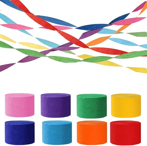 8 Rolls Krepppapier Bunt,Kreppbänder Regenbogen,Multicolor Papier Streamer Hochzeit,Luftschlangen，Karneval,Party Décoration