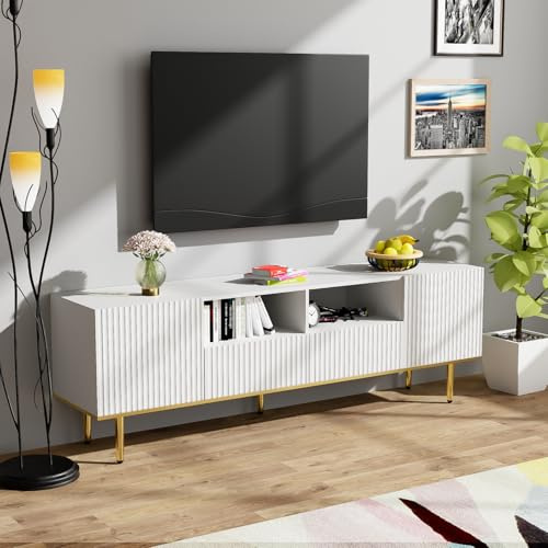 TV-Schrank mit 2 Türen, Fernsehtisch mit Goldenen Metallfüßen, TV Lowboard mit 2 Schubladen, TV Board für Fernseher bis zu 65 Zoll, Fernseher Tisch für Wohnzimmer Schlafzimmer, 165x36x55 cm, Weiß