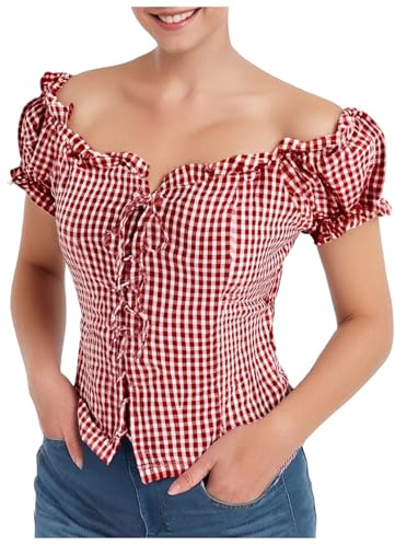 Oktoberfest Bluse Damen Kariert Trachtenblusen Outfit Trachtenbluse Weiß Rot Trachtenshirt Trachtenhemd Trachten Oberteil Trachtenmieder Trachtenbluse Karierte Bluse Oktoberfestbluse Hemd Kariert