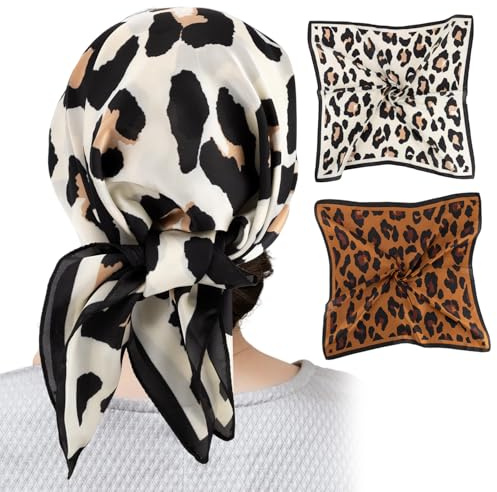2 Stück Leo Tuch Damen, Leopardenmuster Bandana Kopftuch Damen, Glatter Quadratischer Halstücher, Halstuch für Frauen, Taschentuch, Handgelen, Stirnband, Quadratische Schals für Damen (70 x 70cm)