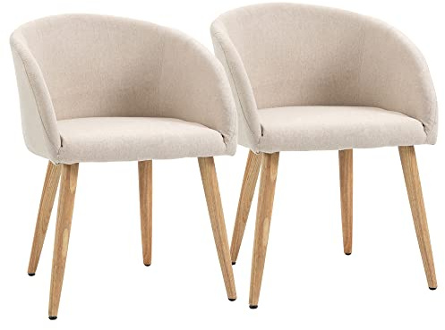 HOMCOM Esszimmerstühle 2er Set Küchenstuhl mit Rückenlehne, Leinen-Optik, modern Polsterstuhl mit Armlehne, Holzbeine, Sessel für Esstisch, Essstuhl für Lounge Wohnzimmer Esszimmer, Beige