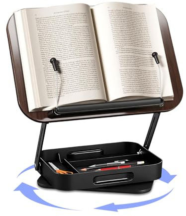 Atril para Libros de Madera con Base Giratoria 360° - Soporte de Lectura Ajustable con Cajón de Almacenamiento y Clips Elásticos, Soporte Plegable para Libros de Texto Tablet Laptop Recetas de Cocina