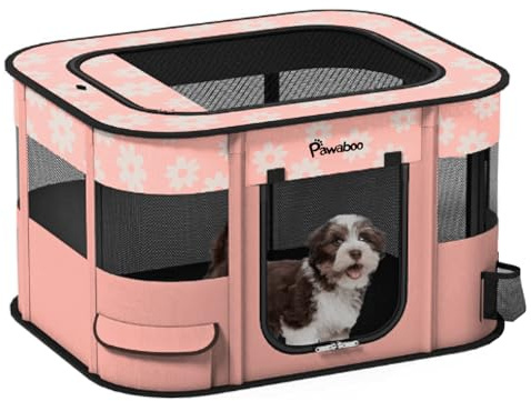 Pawaboo Parc Enclos Pliable Chien Chat, Enclos Extérieur Intérieur Portable, Cage Clôture Tente d'exercice en Tissu Oxford pour Petits Animaux, avec Bol à Nourriture, L, Fleur Rose Claire