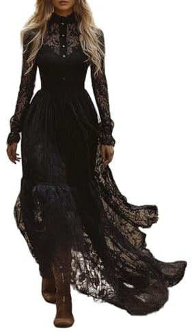 2025 Vestito Medievale Donna Pizzo- Abito Lungo Vintage Manica Lunga Chic Elegante Slim Fit Fluido Stile Casual Pastorale Tinta unita Leggero Temperamento Dress per Spiaggia Cocktail, Nero , L