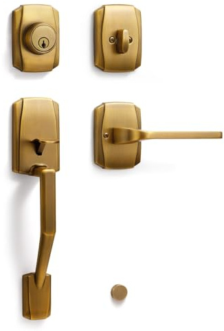 SORWDUERM 1 Pack Antique Brass Entry Door Handle and Deadbolt Set Reversible Lever Bronze Front Handleset with Lock and Key Single Cylinder