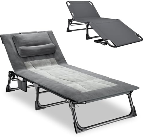 Mopaicot Furn Lettino da sole con sedia a sdraio regolabile in 4 posizioni, con materasso imbottito e cuscino, letto da campeggio per giardino, spiaggia, piscina o patio (grigio)