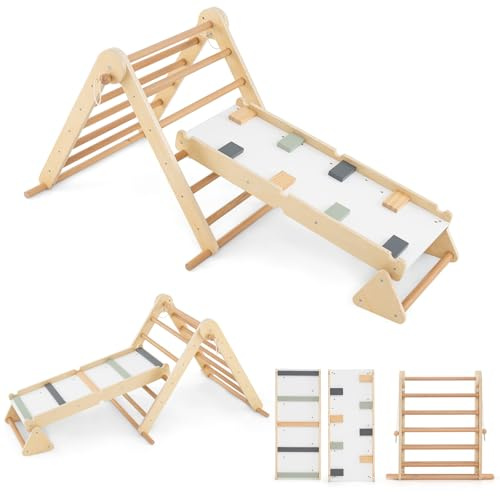 GYMAX Set di Triangoli da Arrampicata 3 in 1, Giocattoli da Arrampicata con Triangolo Pieghevole e Regolabile, Rampa a Doppia Faccia, Arrampicata Triangolare in Legno per Bambini dai 3+ Anni