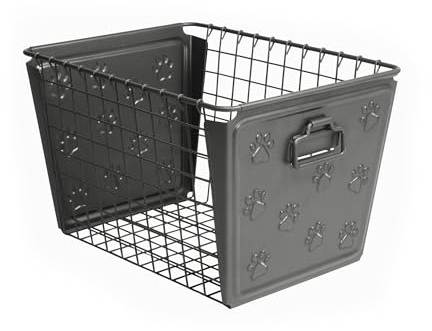 Spectrum Diversified Paws Macklin Basket Steel Bin with Cute Pawprint Design, Pet Accessory Rust-Resistant Finish, Cat & Dog Toy Organization & Storage, Medium, Industrial Gray