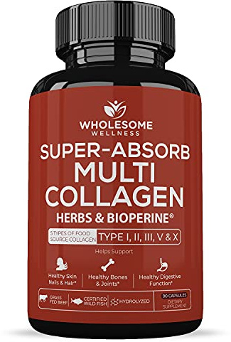 Wholesome Wellness Super-Absorb Multi Collagen Pills (Type I II III V X) Organic Herbs & Bioperine - Hair, Skin, Nails - Hydrolyzed Peptides Protein Supplement for Women & Men (90 Capsules)