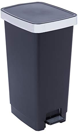 SUNDIS Ring Bin, poubelle à pédale 40 L, rectangulaire, fermeture silencieuse, en plastique recyclé, avec anses pour accrocher le sac, noir et métal, pour cuisine, bureau, buanderie, atelier, garage