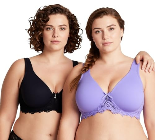 Curve Muse De las Mujeres Sin Forro Aros Cordón Sostén con Acolchado Hombro Correas-Paquete de 2-Negro,Color De Malva-110G