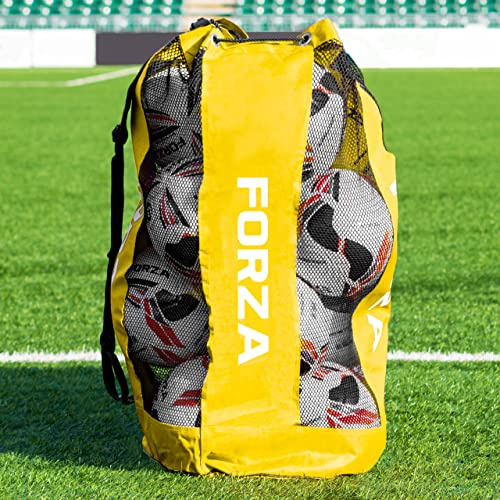 FORZA Bolsa para Balones | Saco de Malla para Pelotas con Cierre de Cordel – Ideal para Fútbol, Voleibol, Baloncesto Y Balonmano | 12 Bolas (Amarillo)