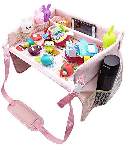 ELR Kids Travel Tray Toddler Drawing Car Seat Activity Tray with Organizer Pockets Snack Lap Tray Collapsible Play Tray for Children&Toddlers Lap Desk (Pink)