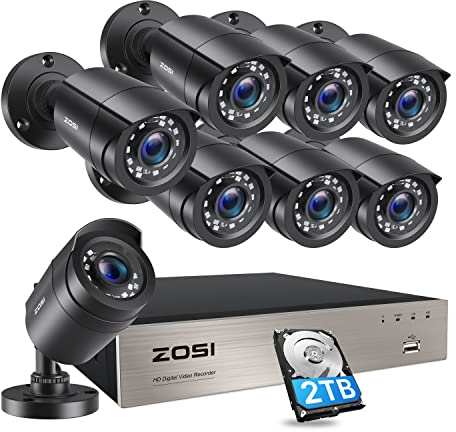 ZOSI 1080P Kit de Cámaras de Vigilancia 8pcs 2MP Cámara de Seguridad Exterior con 8CH H.265+ Grabador DVR, Visión Nocturna, Alarma de Movimiento, 2TB Disco Duro