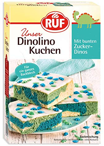 RUF Dinolino Kuchen, dreifarbiger Blechkuchen Zitronen-Geschmack mit Zuckerglasur und bunten Dino-Streuseln, perfekt für Kindergeburtstage und Babyshower-Partys, 850g