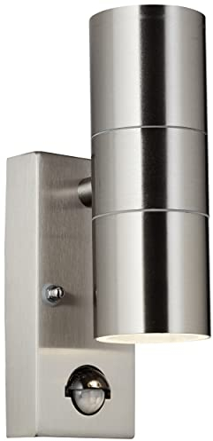 Brilliant 2 flammige Wandlampe - spritzwassergeschützte Wandleuchte für Außen - Lichtauslass ist beidseitig mit Bewegungsmelder aus Edelstahl, in edelstahl - 22x7cm, 96418Z82