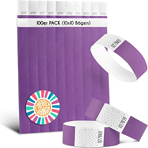FARBEN BANDE® 100 Einlassbänder Lila/Eintrittsbänder 19mm aus Tyvek/Party Bändchen reißfest, wasserdicht und nummeriert/farbige Partybänder/Einlassbändchen für Party, Festival & Feste