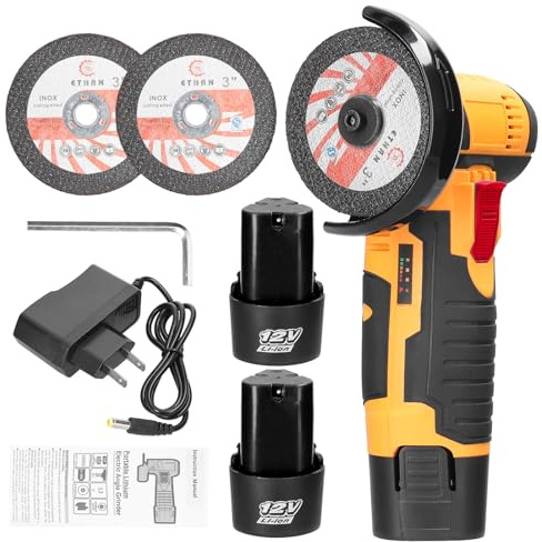 Angle Grinder, Geevorks Electric Grinding Tool 19500RPM, Mini Grinder Handheld Cutter for Cutting Polishing Ceramic Tile Wood Stone Steel, with 2 Cutting Disc/2PCS 1200mAh Battery, Yellow