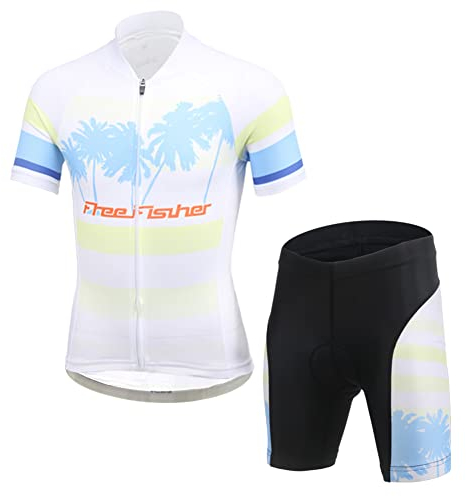 Amur Leopard Kinder Jungen Radtrikot Set Mädchen Fahrrad Trikot Kurzarm & Radhose mit Sitzpolster Radsport Anzüge, Weiß, 152-158(Herstellergröße: XXXL)
